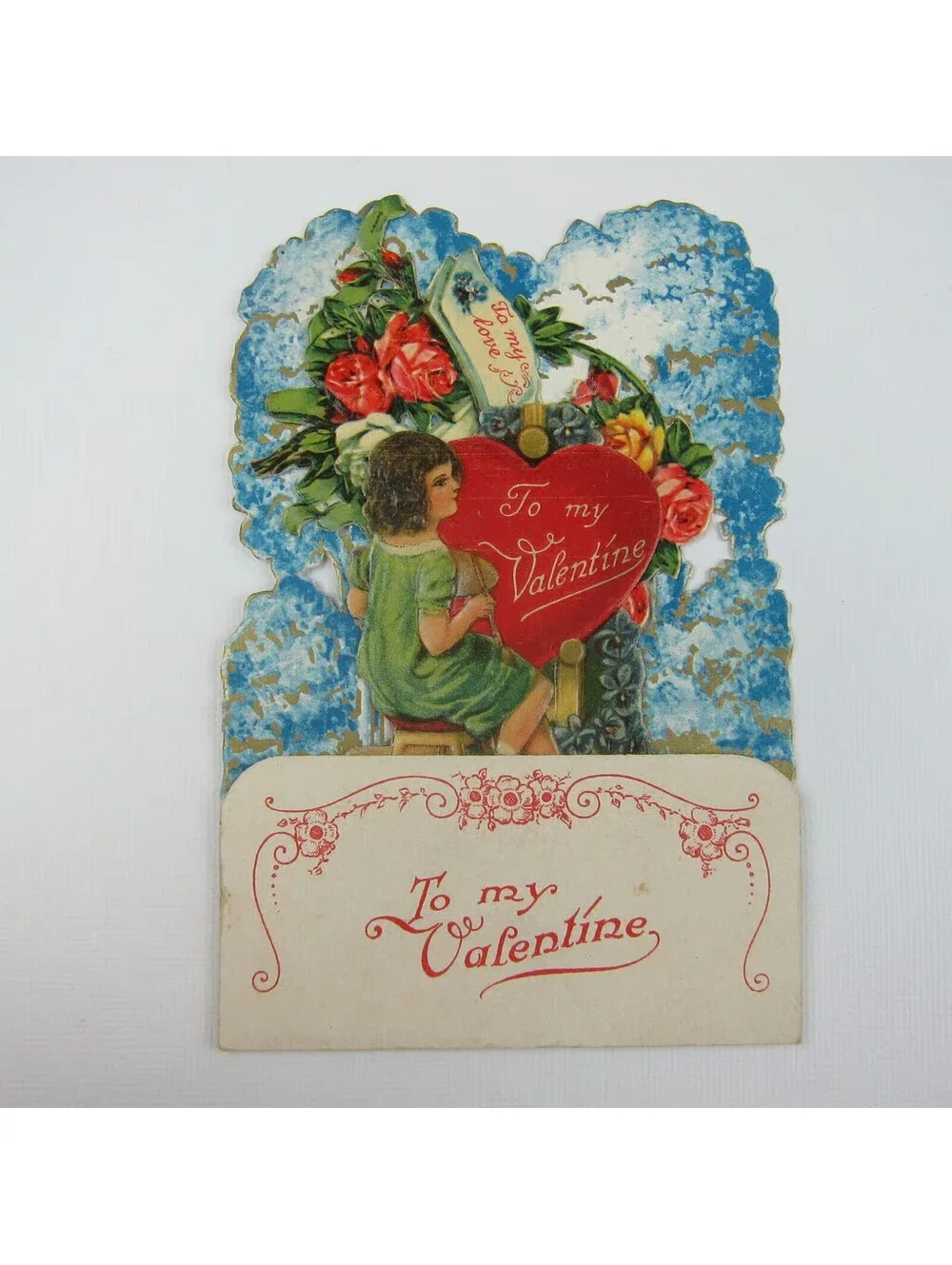 Vintage Valentine Honeycomb 3D Pop Up Die Cut Girl Painter Blue Red Heart Roses